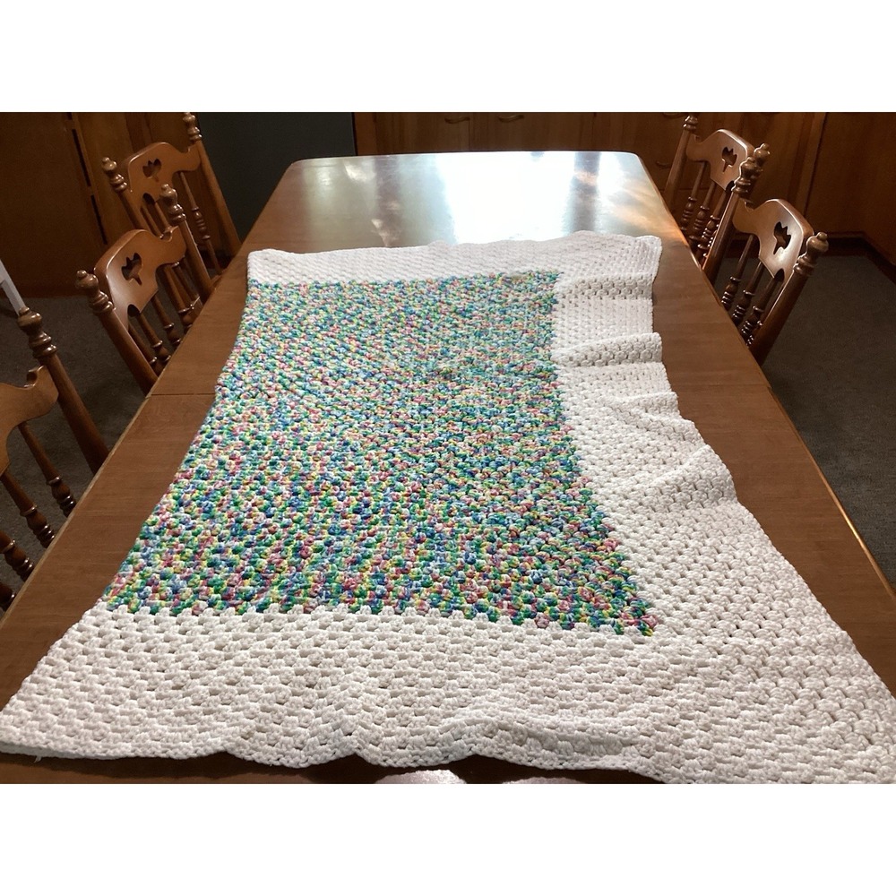 VTG Multi-Color Crochet Afghan Blanket w/ White Border 48" Wide x 64" Long